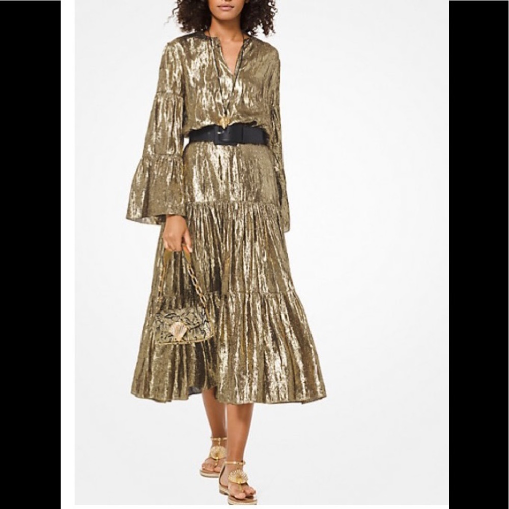 2X “HOST PICK” Michael Kors Collection Crushed Silk Lame Tiered Skirt